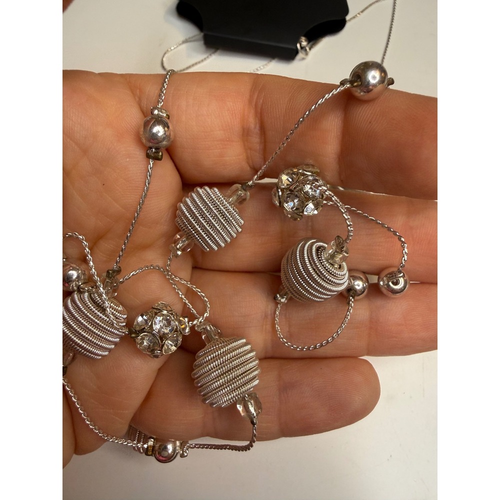 Apt. 9 Silver Tone Long Station Necklace Coiled Beads Rhinestone Spheres NEW